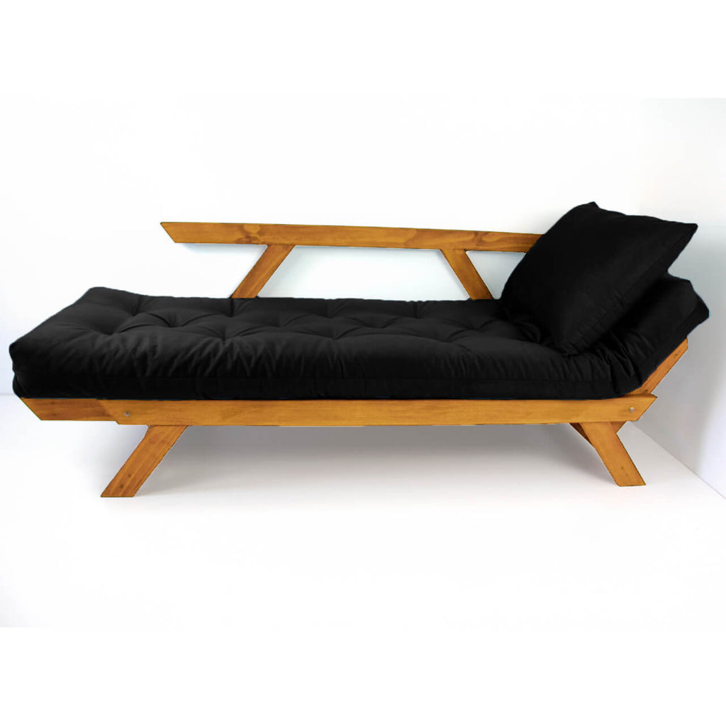 Sofá Cama Reclinável Futon D33 Japão - Madeira Cor Mel Tecido Sarja Preto