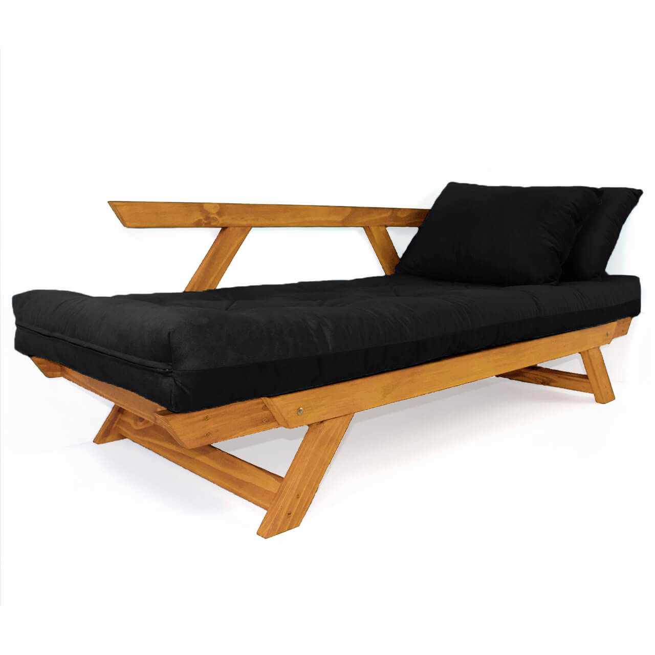 Sofá Cama Reclinável Futon D33 Japão - Madeira Cor Mel Tecido Sarja Preto