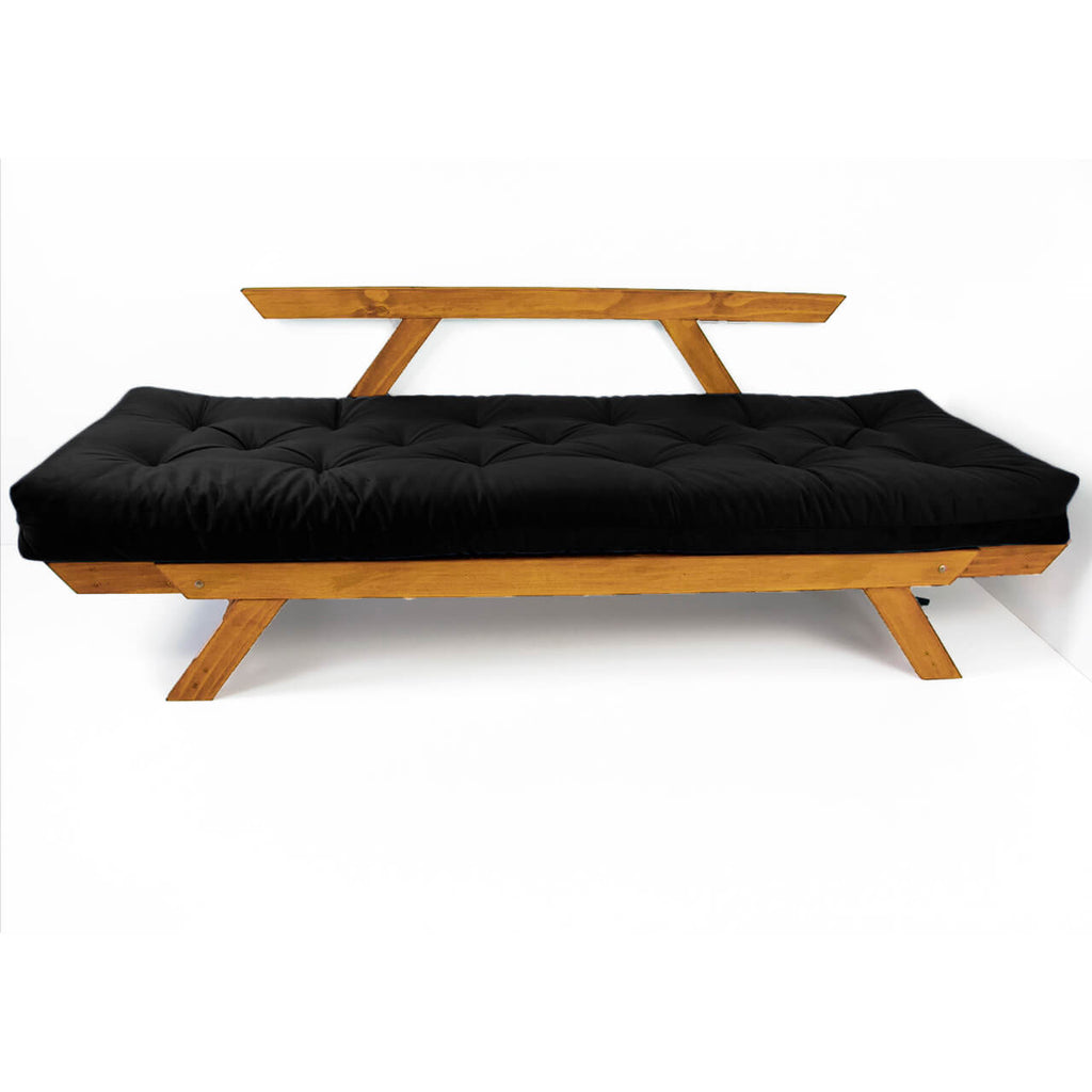Sofá Cama Reclinável Futon D33 Japão - Madeira Cor Mel Tecido Sarja Preto