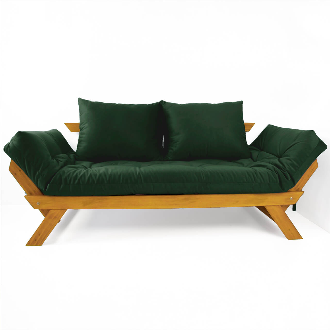 Sofá Cama Reclinável Futon D33 Japão - Madeira Cor Mel Tecido Sarja Verde Militar