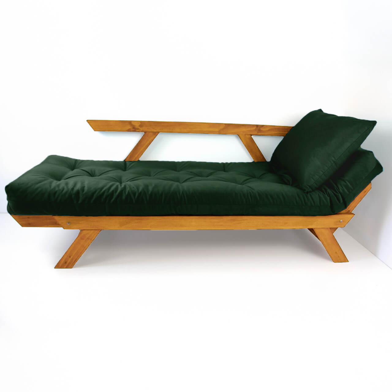 Sofá Cama Reclinável Futon D33 Japão - Madeira Cor Mel Tecido Sarja Verde Militar