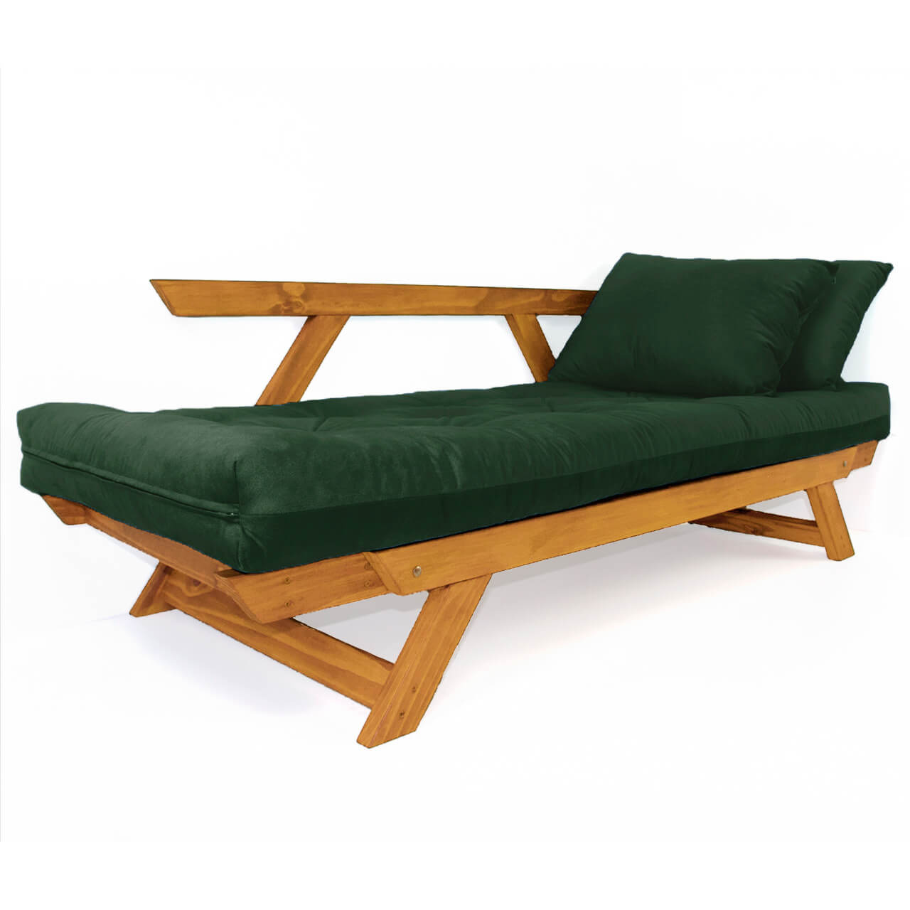 Sofá Cama Reclinável Futon D33 Japão - Madeira Cor Mel Tecido Sarja Verde Militar