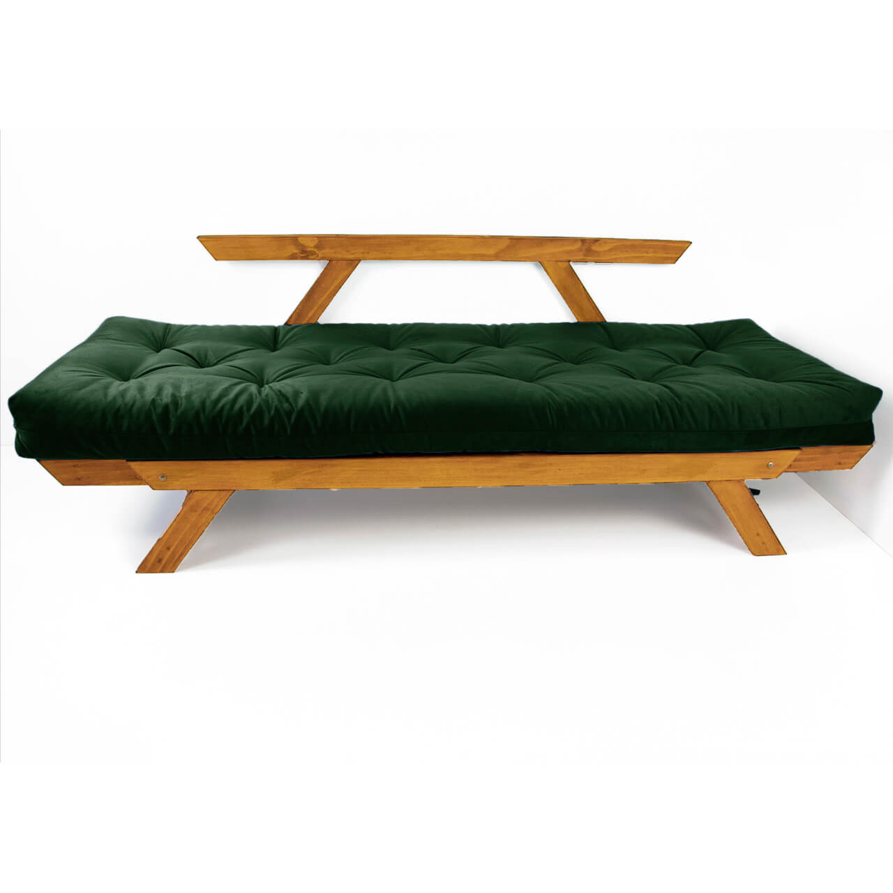 Sofá Cama Reclinável Futon D33 Japão - Madeira Cor Mel Tecido Sarja Verde Militar