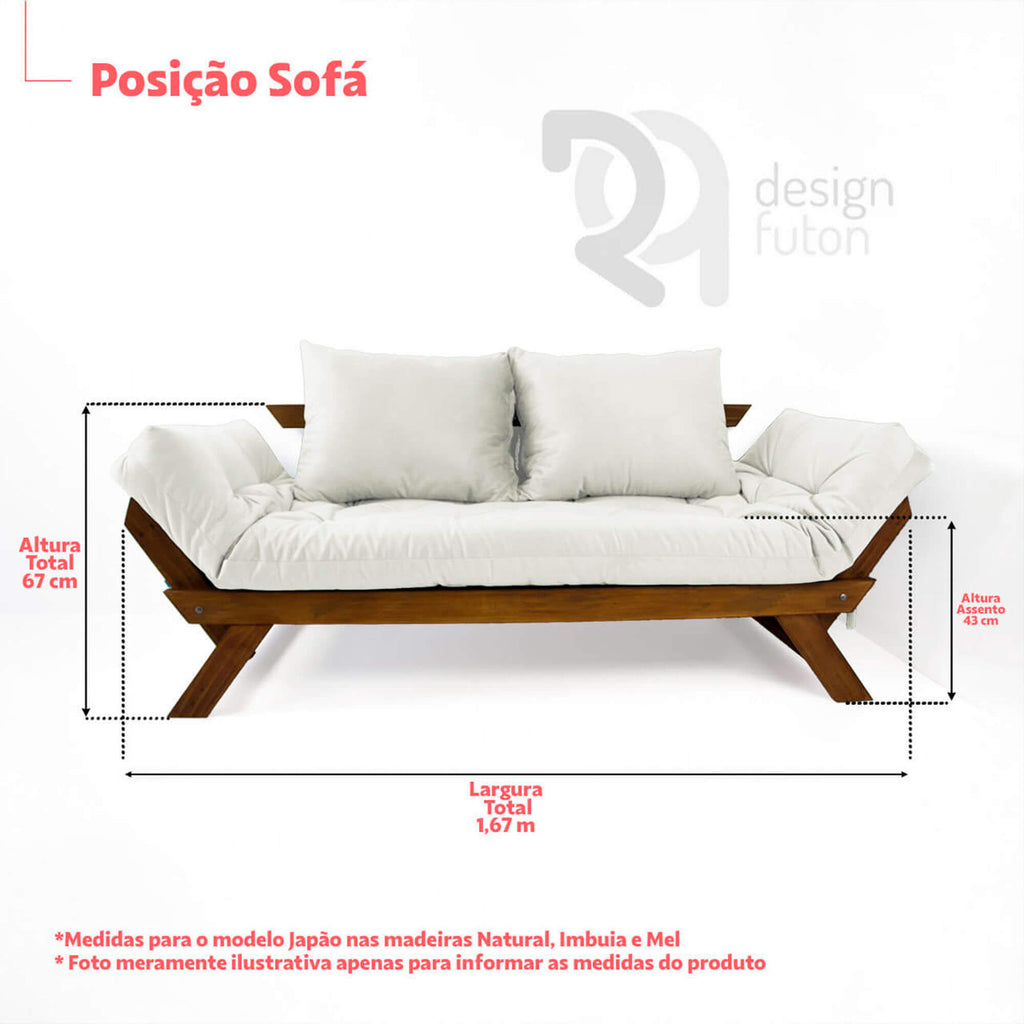 Sofá Cama Reclinável Futon Japão - Madeira Nobre Cor Imbuia Tecido Sarja Caramelo