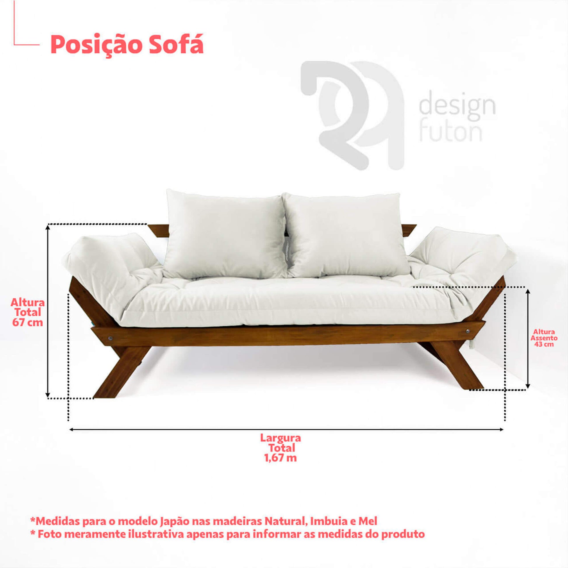 Sofá Cama Reclinável Futon Japão - Madeira Nobre Cor Imbuia Tecido Sarja Bege Claro