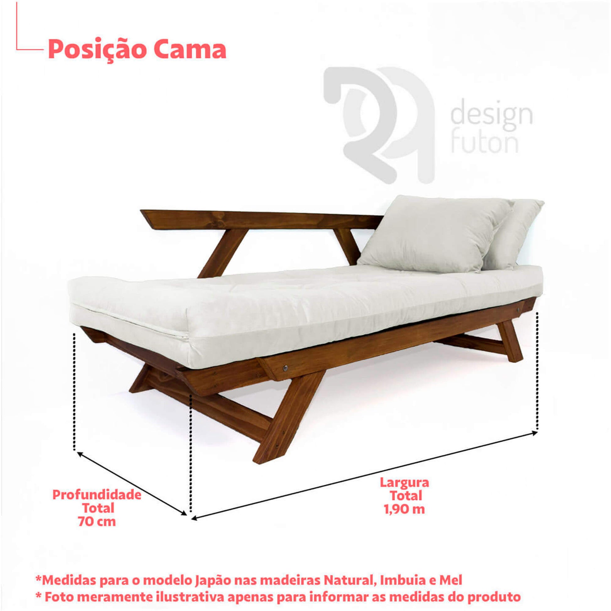 Sofá Cama Reclinável Futon Japão - Madeira Nobre Cor Imbuia Tecido Sarja Bege Claro