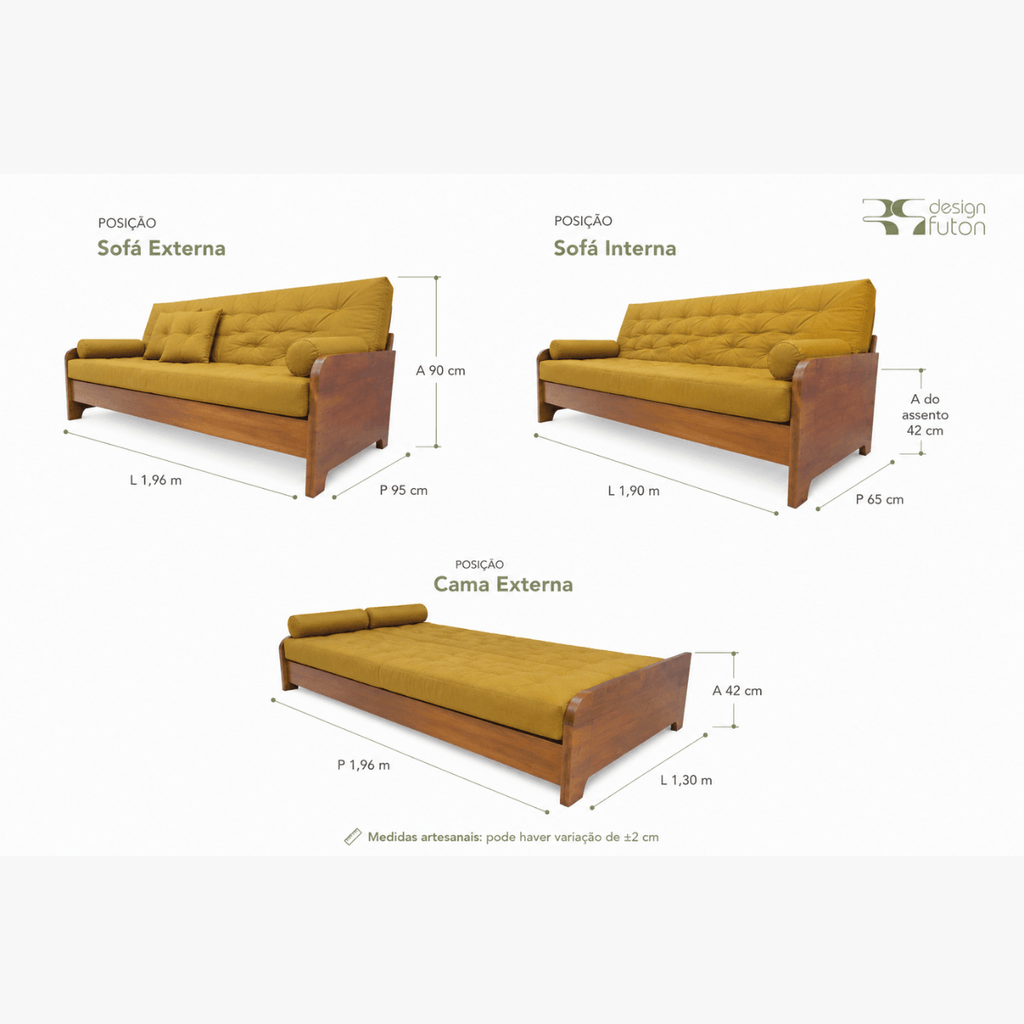 Sofá Cama Casal Futon Paris New Acquablock em Madeira Nobre Mel - Amarelo