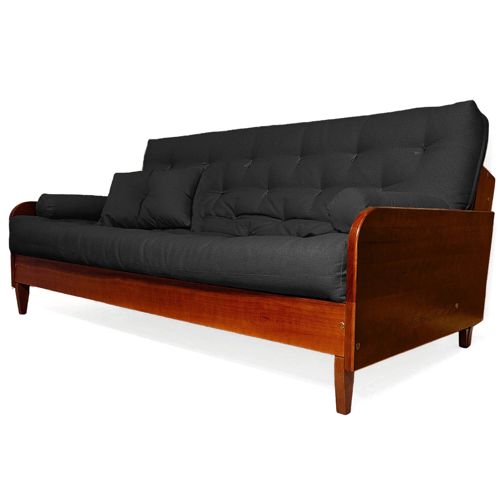 Sofá De Madeira Nobre Cor Imbuia Futon Paris - Tecido Acquablock Preto