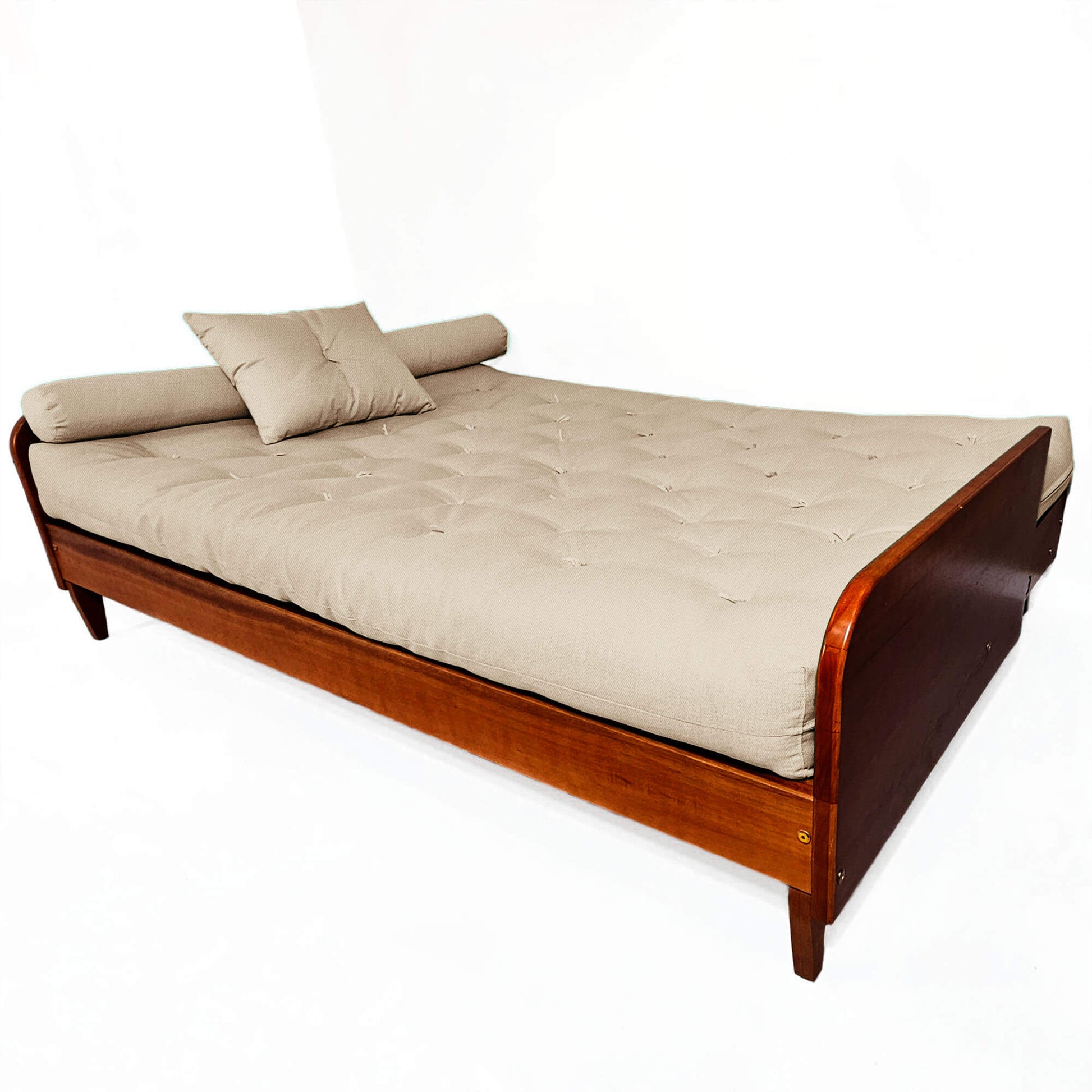 Sofá De Madeira Nobre Cor Imbuia Futon Paris - Tecido Sarja 100% Algodão Bege Claro