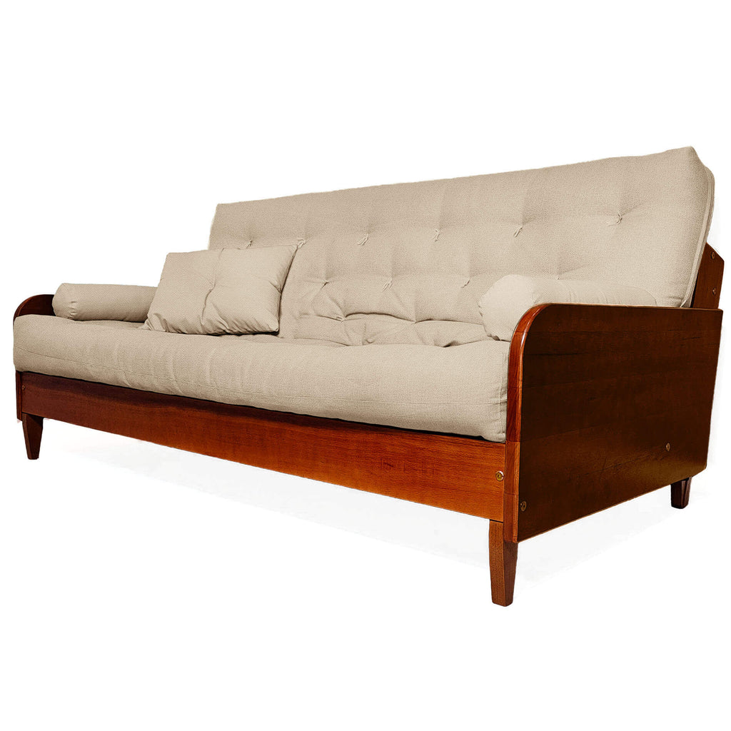 Sofá De Madeira Nobre Cor Imbuia Futon Paris - Tecido Sarja 100% Algodão Bege Claro
