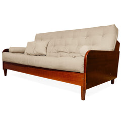 Sofá De Madeira Nobre Cor Imbuia Futon Paris - Tecido Sarja 100% Algodão Bege Claro