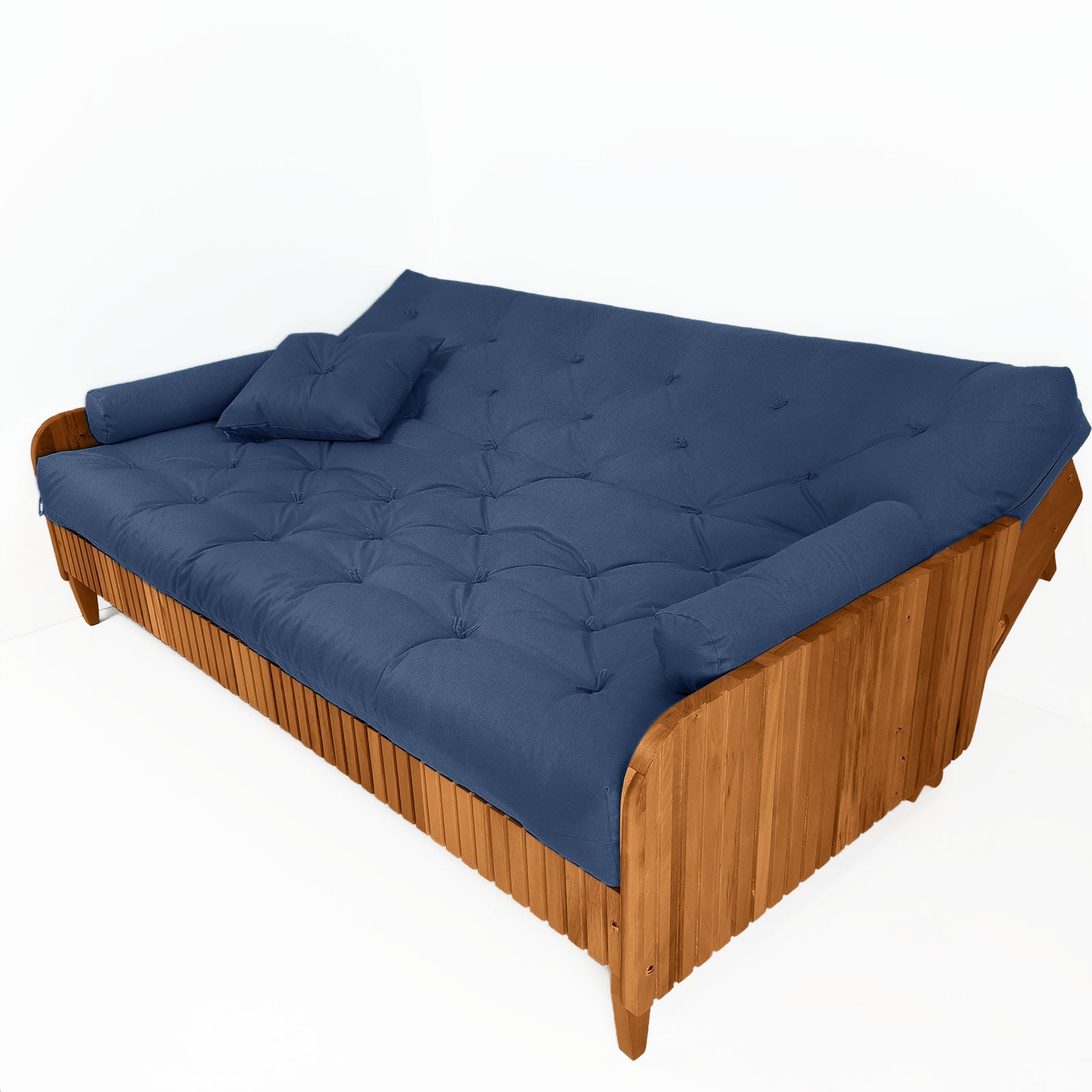 Sofá Cama Casal Futon Paris II Ripado Acquablock Madeira Maciça Mel D33 - Azul Royal