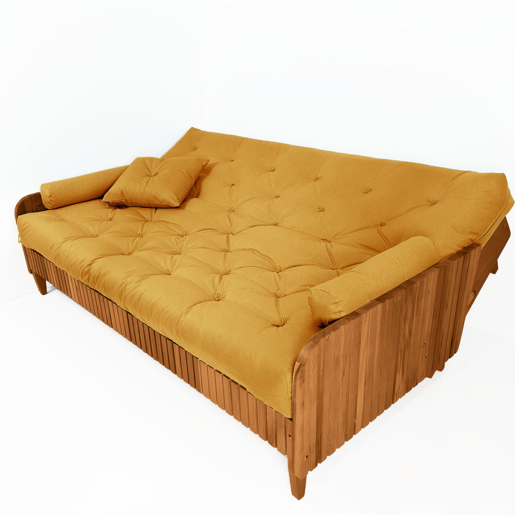 Sofá Cama Casal Futon Paris II Ripado Acquablock Madeira Maciça Mel D33 - Amarelo