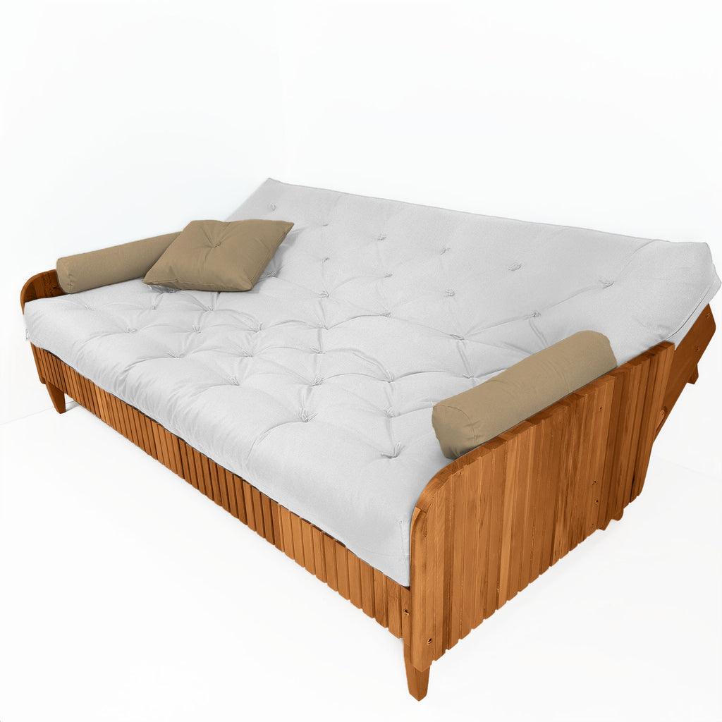 Sofá Cama Casal Futon Paris II Ripado Acquablock Madeira Maciça Mel D33 - Branco Off