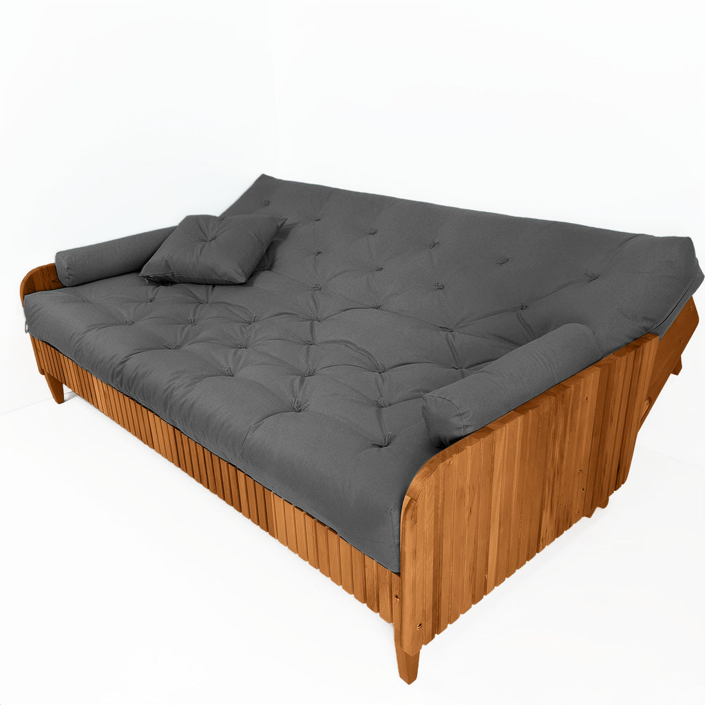 Sofá Cama Casal Futon Paris II Ripado Acquablock Madeira Maciça Mel D33 - Chumbo