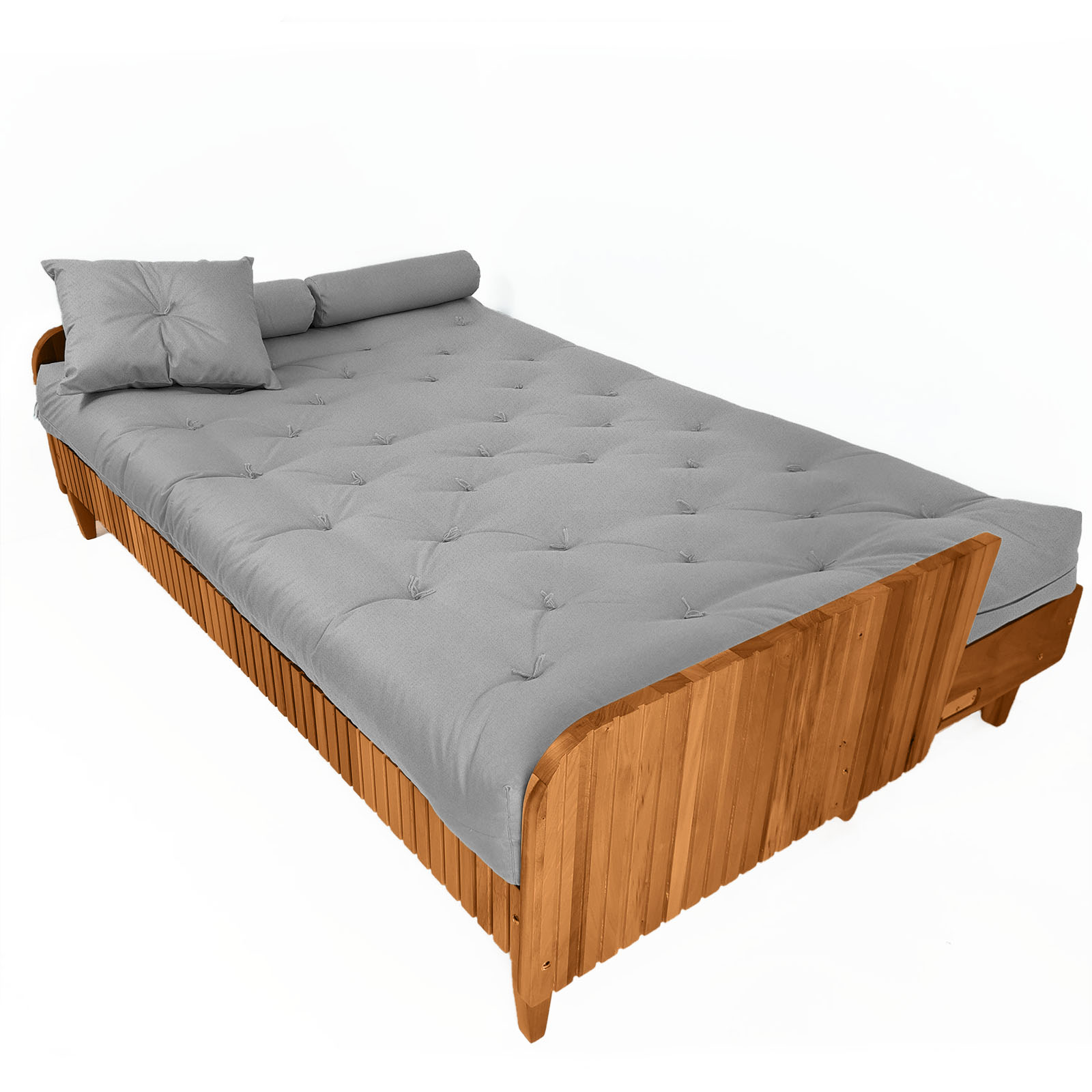 Sofá Cama Casal Futon Paris II Ripado Acquablock Madeira Maciça Mel D33 - Cinza Linho