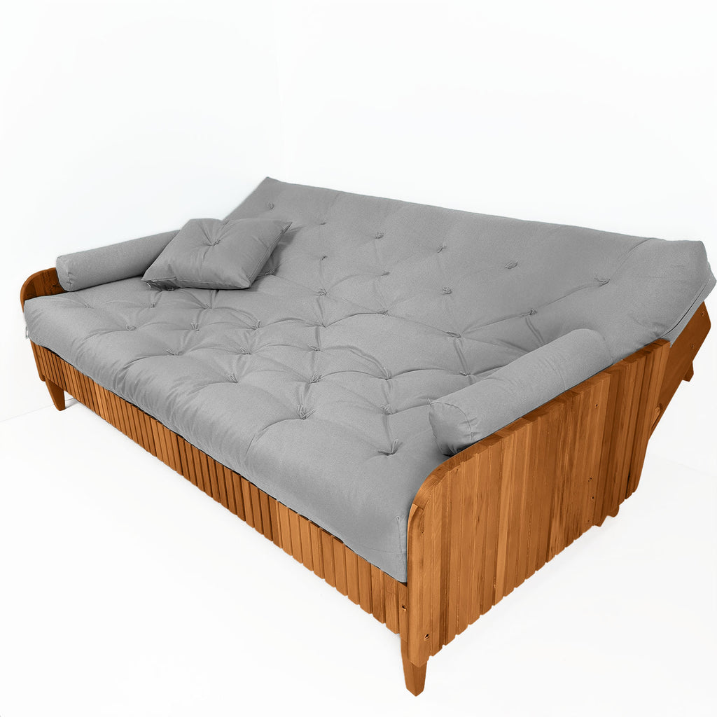 Sofá Cama Casal Futon Paris II Ripado Acquablock Madeira Maciça Mel D33 - Cinza Linho