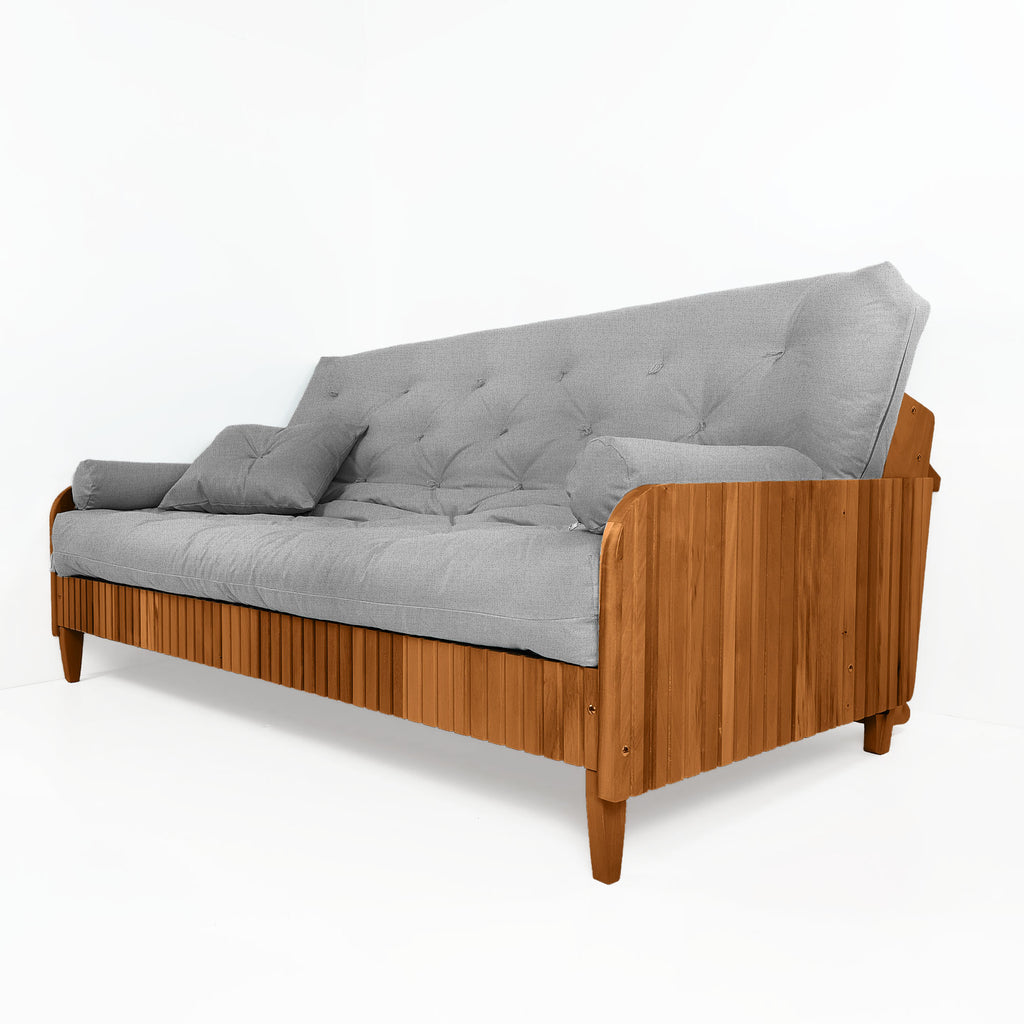 Sofá Cama Casal Futon Paris II Ripado Acquablock Madeira Maciça Mel D33 - Cinza Linho