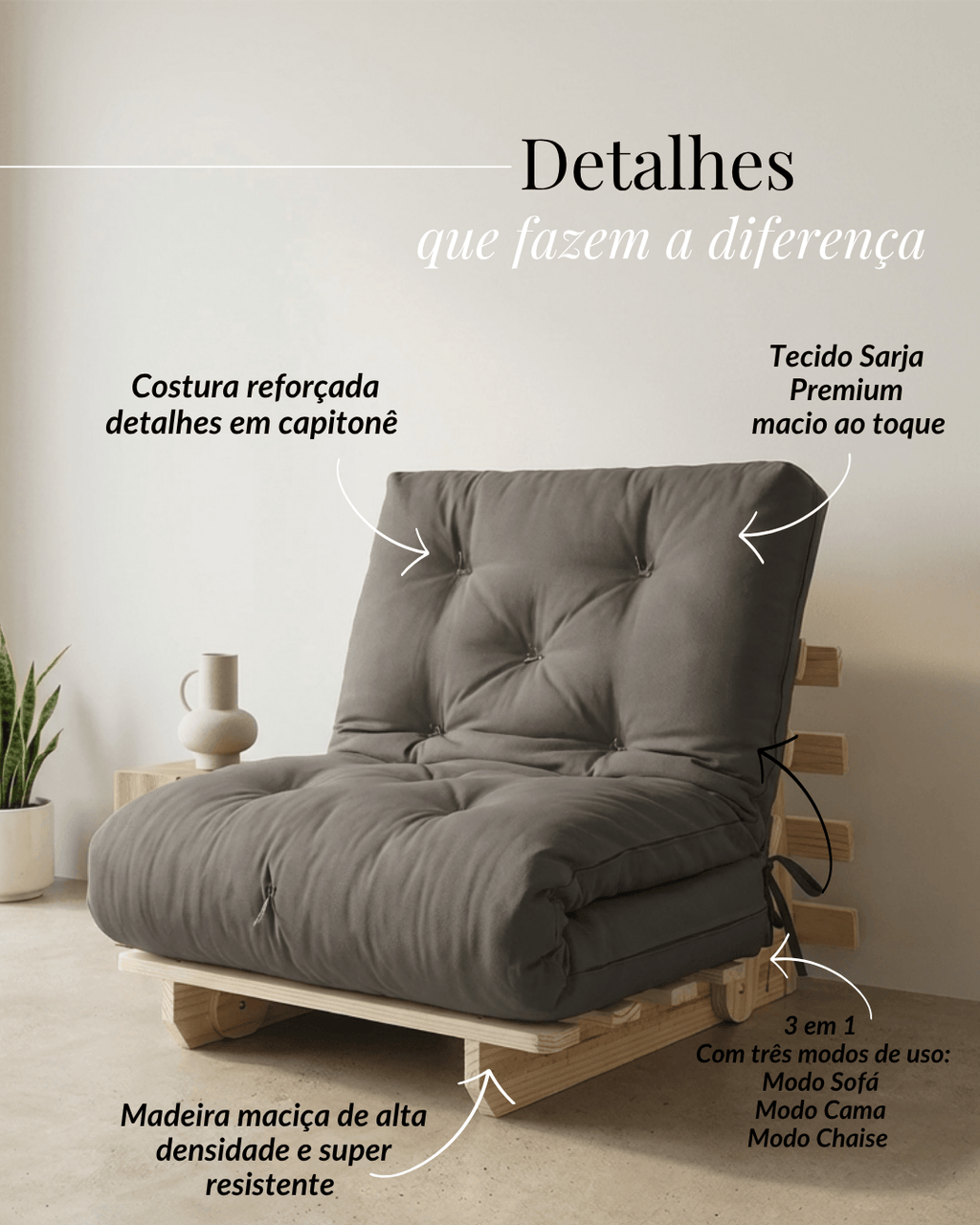 Sofa Cama Tokio Solteiro Futon Dobrável - Madeira Natural Sarja Cinza
