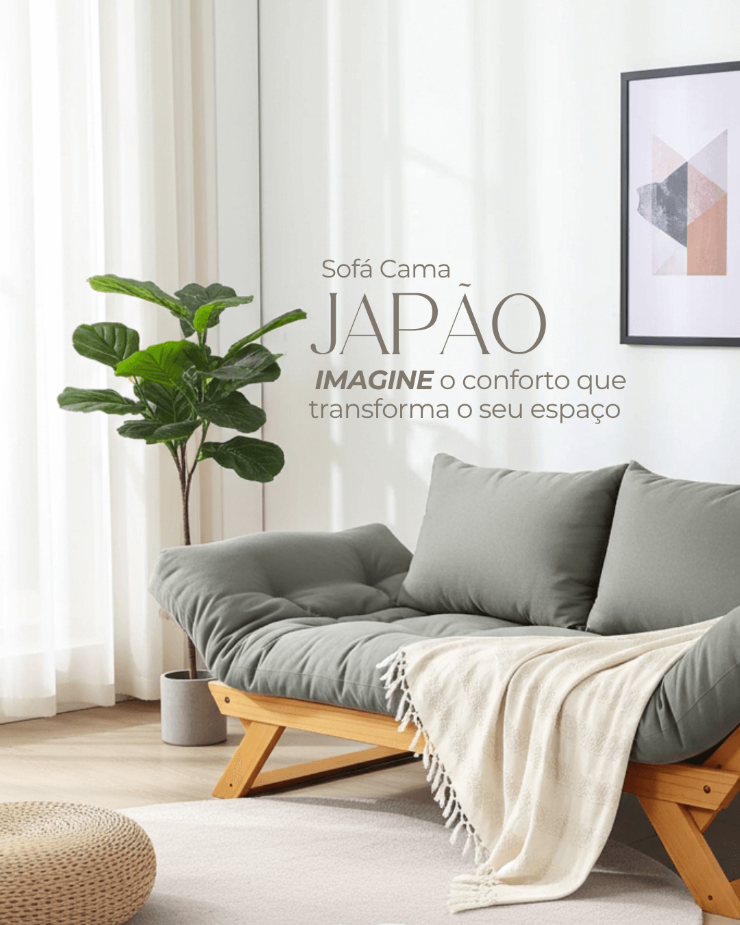 Sofá Cama Reclinável Futon Japão - Madeira Cor Mel Tecido Sarja Cinza