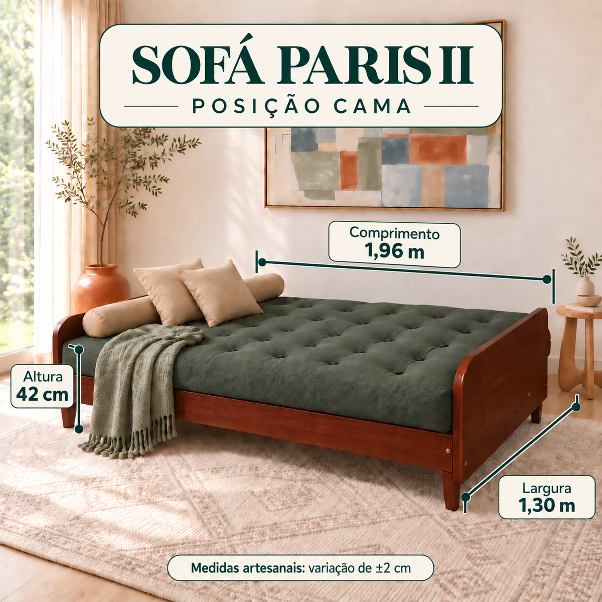 Sofá Cama Casal Futon Paris II Acquablock em Madeira Maciça Imbuia - Cor Verde Oliva - guia de medidas na posição cama