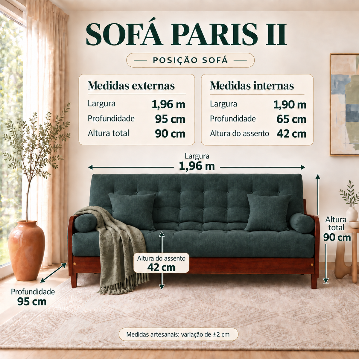 Sofá Cama Casal Futon Paris II Acquablock em Madeira Maciça Imbuia - Cor Verde Oliva - guia de medidas na posição sofá