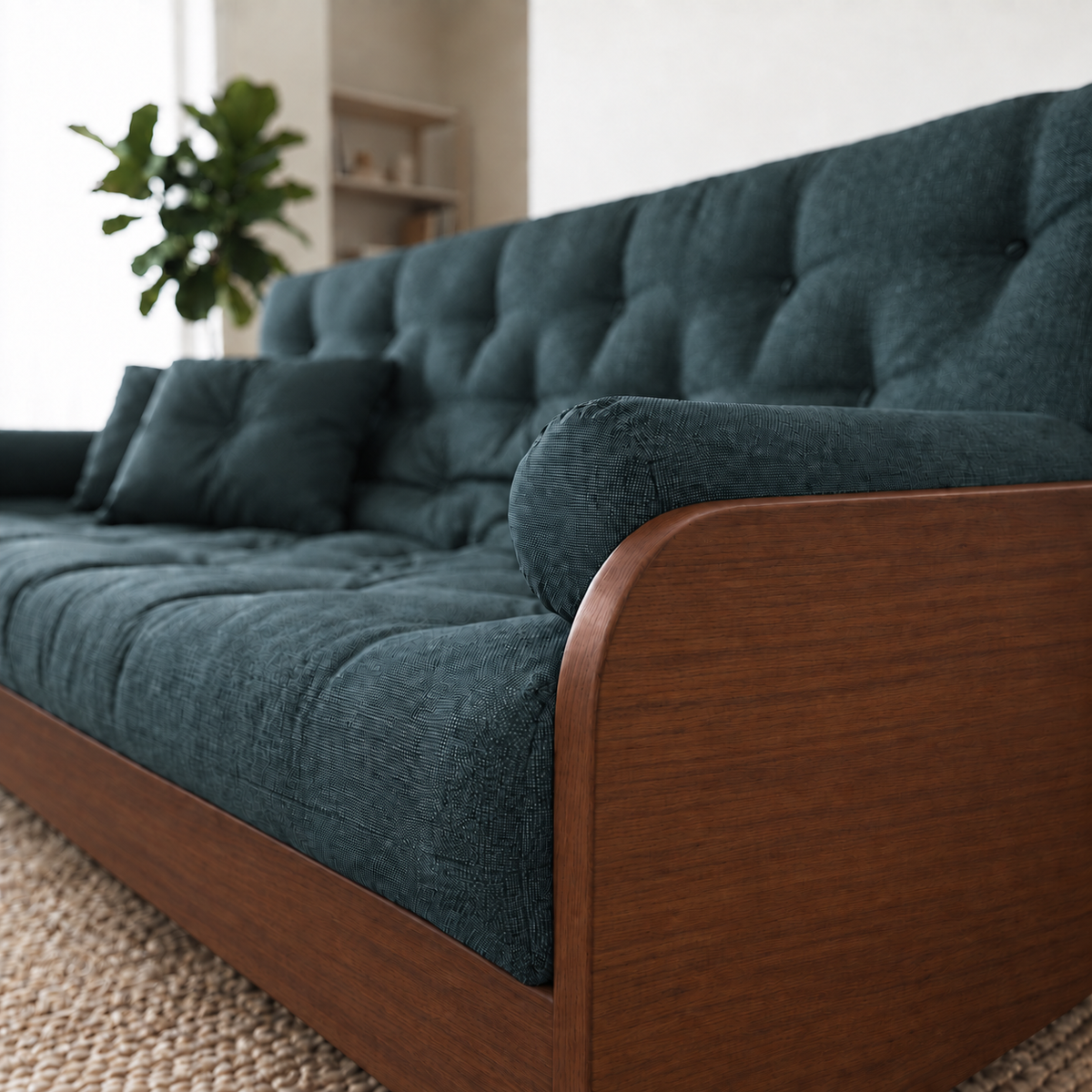 Sofá Cama Casal Futon Paris II Acquablock em Madeira Maciça Imbuia - Cor Verde Oliva - detalhe do produto e da madeira