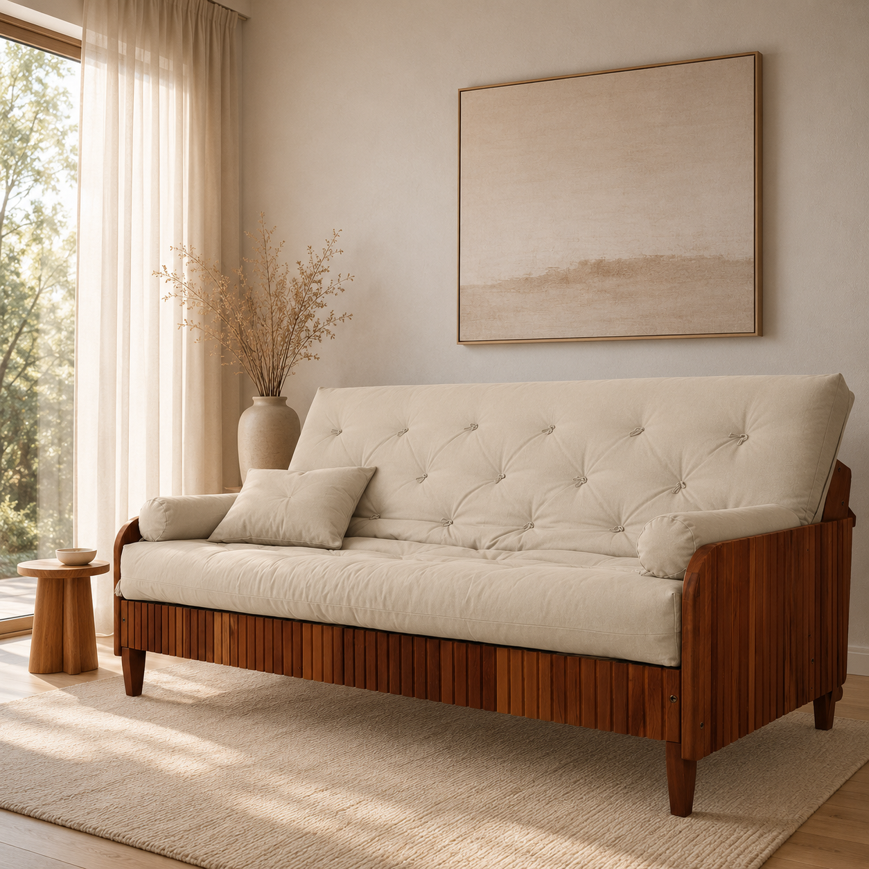 Ambiente — sofá-cama futon casal Paris II Ripado em madeira maciça imbuia da R9 Design Futon, com futon bege claro, montado em sala de estar