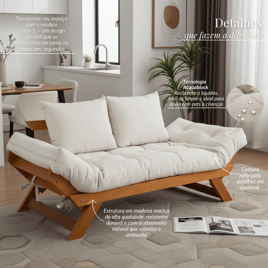 Sofá Cama Reclinável Futon Japão - Madeira Cor Mel Tecido Acquablock Branco Off
