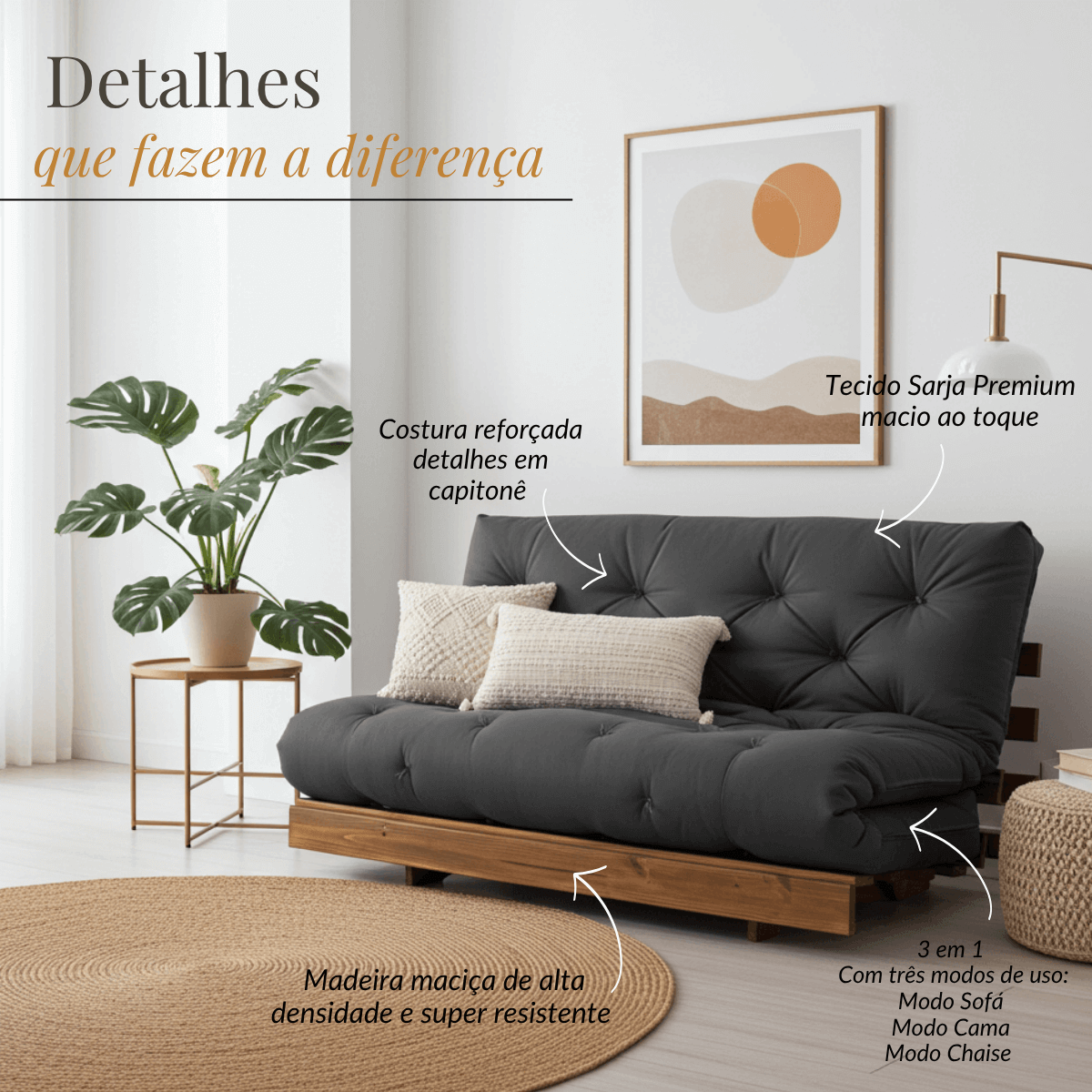 Sofá Cama Casal Futon Tokio D33 Madeira Maciça Cor Imbuia - Cinza