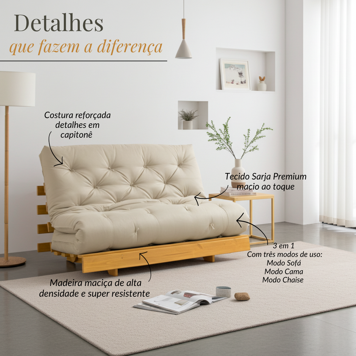 Sofá Cama Casal Futon Tokio Madeira Cor Mel Sarja Bege