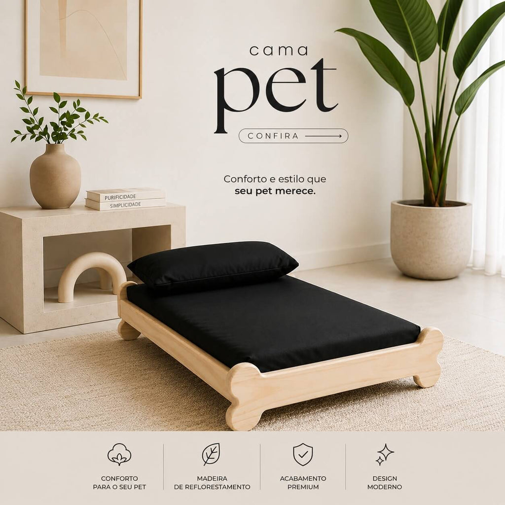 Cama Caminha Pet Impermeável Madeira Maciça - Preto