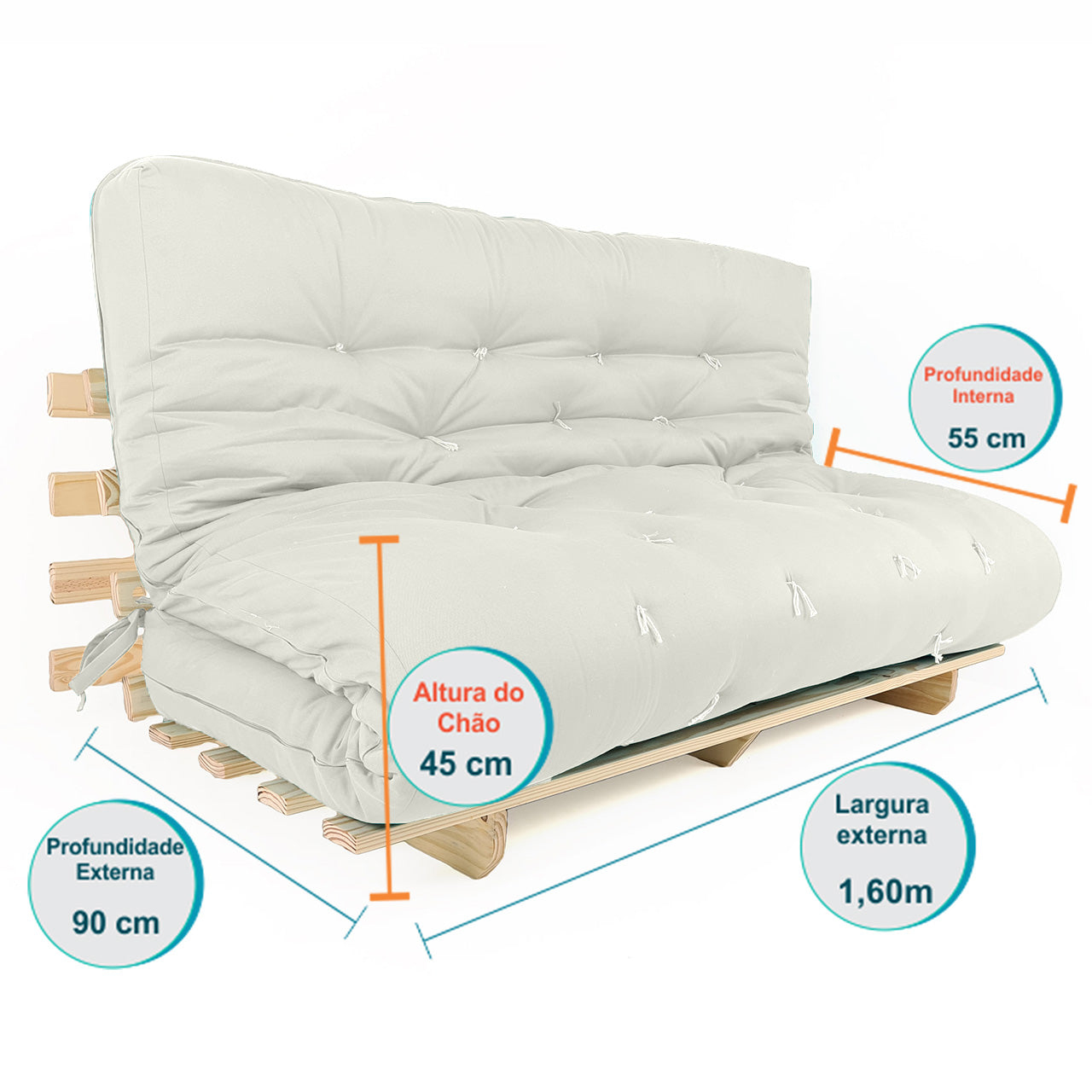 Sofa Cama Futon Oriental King Madeira Pinus Acquablock Branco Off