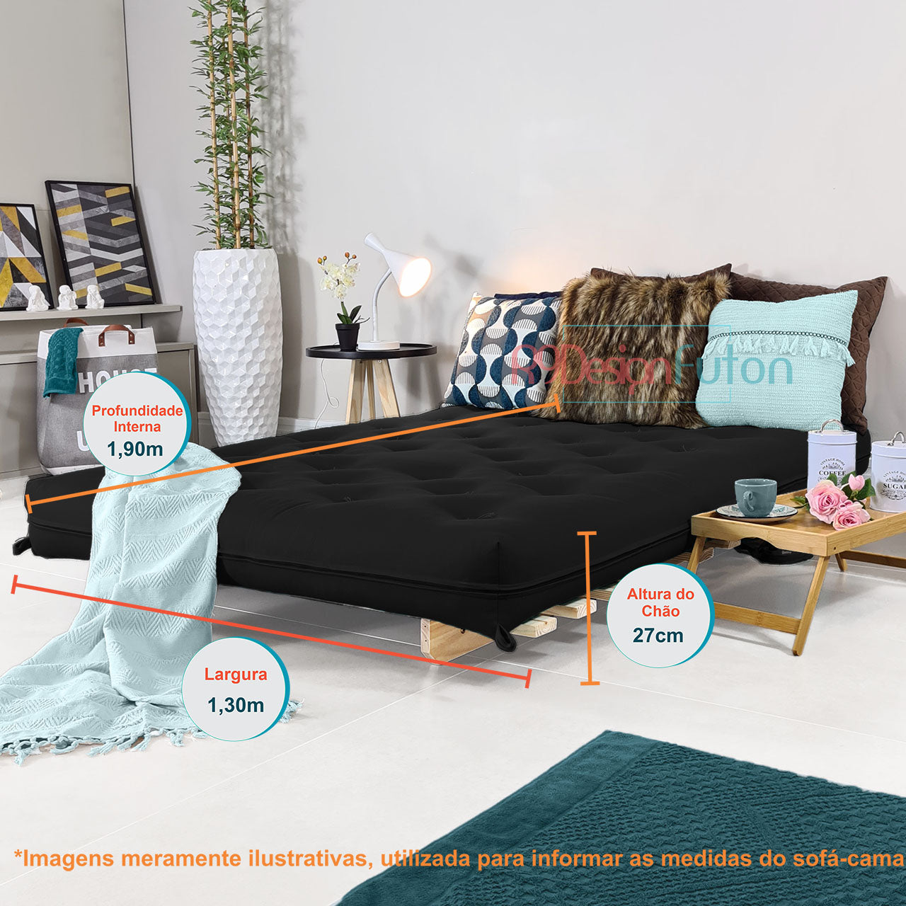 Sofa Cama Casal Futon Oriental D33 Com Madeira Maciça - Preto