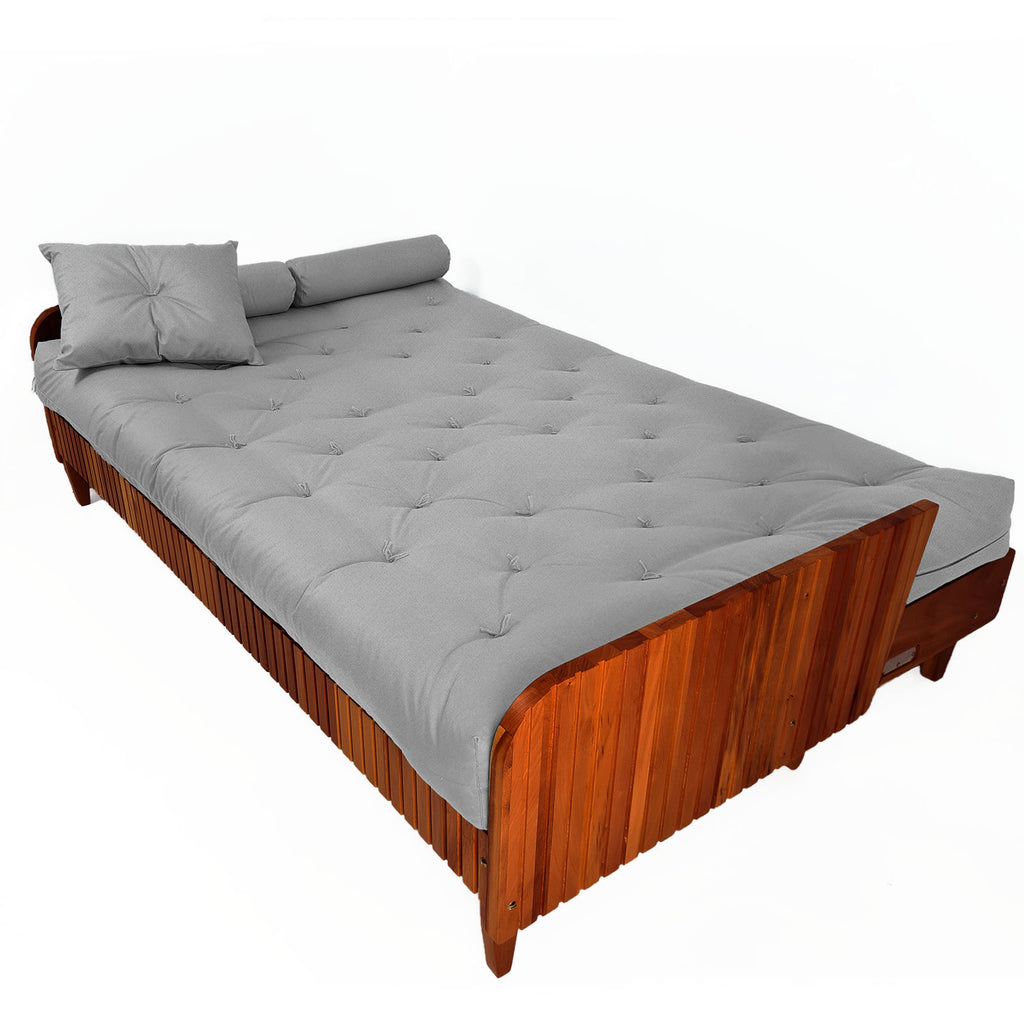 Sofá Cama Paris II Ripado Acquablock Madeira Maciça Imbuia - Cinza Linho