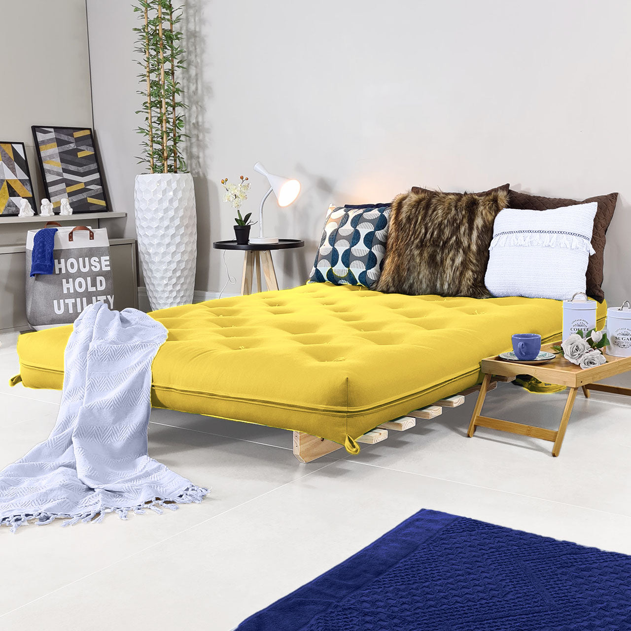 Sofa Cama Casal Futon Oriental Madeira Maciça Acquablock Amarelo