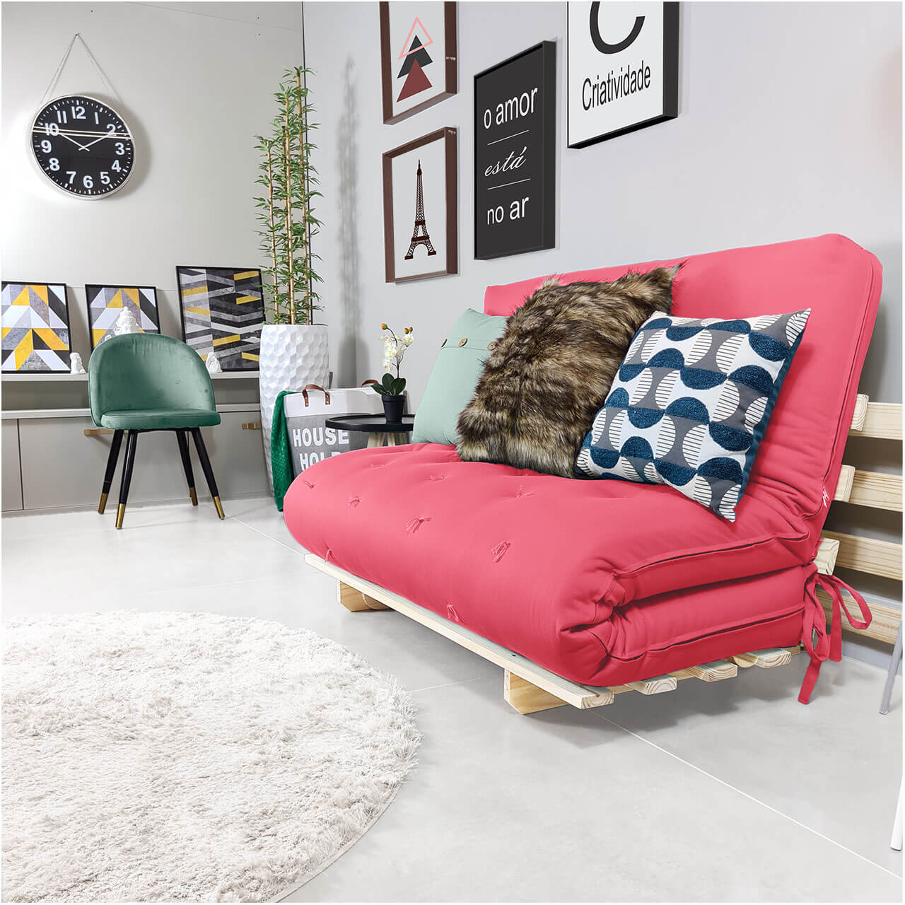 Sofa Cama Casal Futon Oriental Madeira Maciça Sarja Goiaba