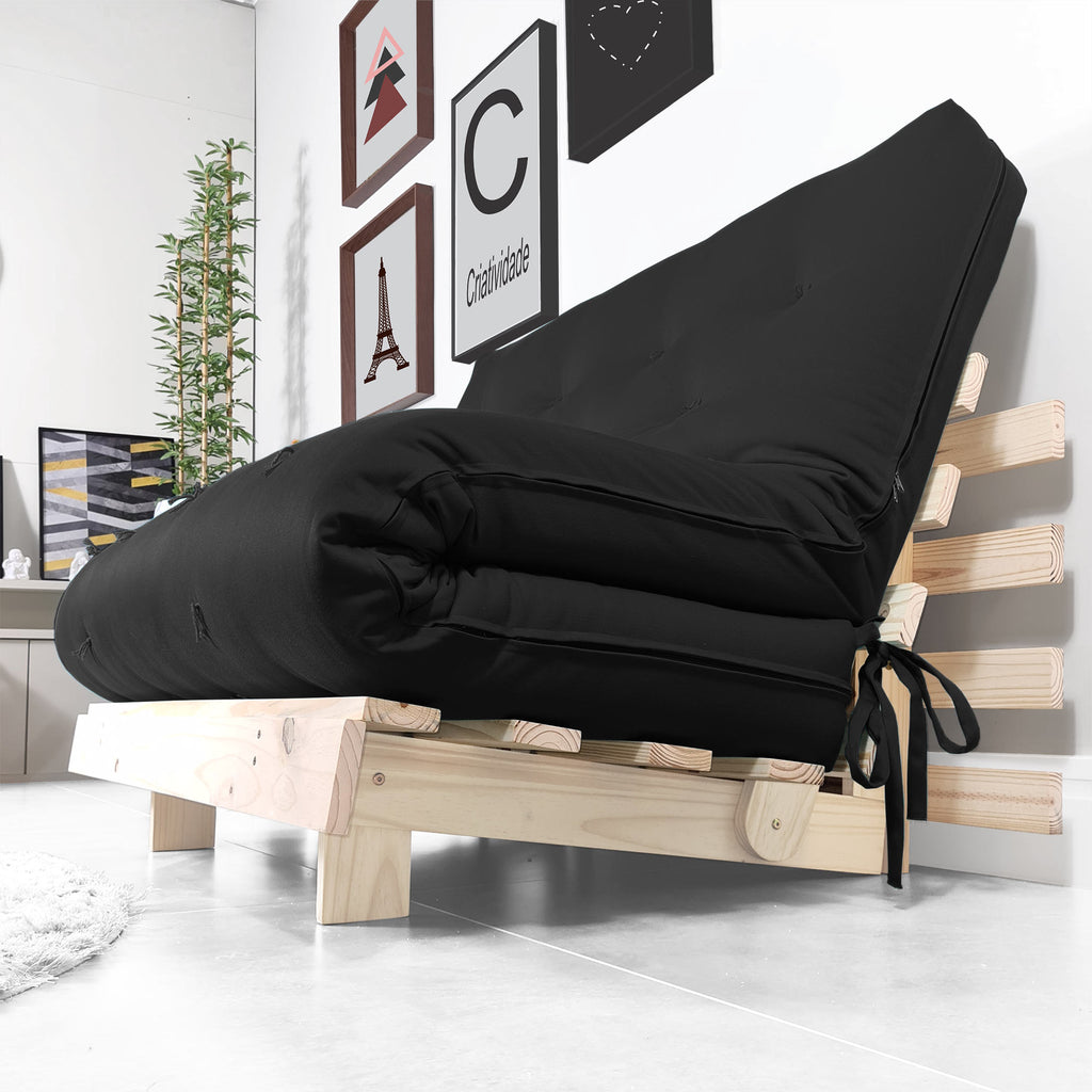 Sofa Cama Futon Casal Tokio Madeira Maciça Sarja Preto