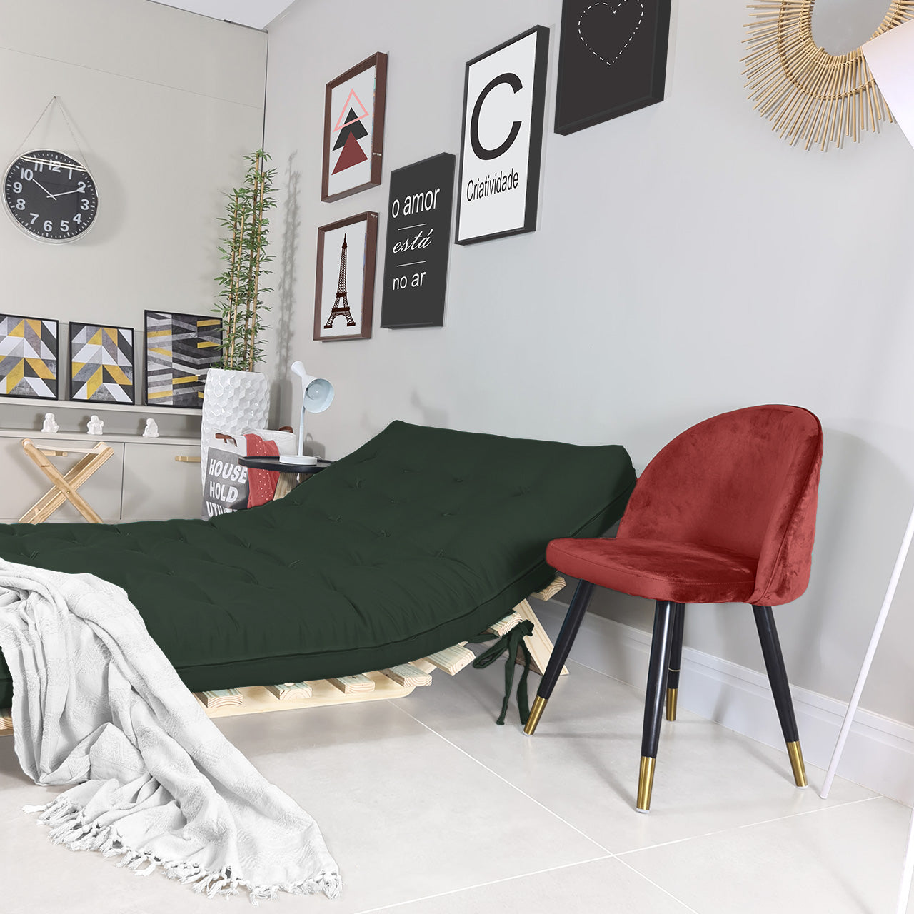 Sofá Cama Casal Futon Tokio D33 Madeira Pinus Natural - Verde Militar