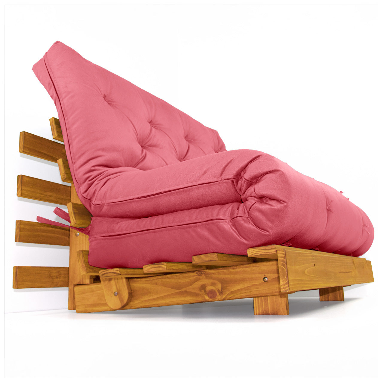 Sofá Cama Casal Futon Tokio Madeira Cor Mel Sarja Goiaba