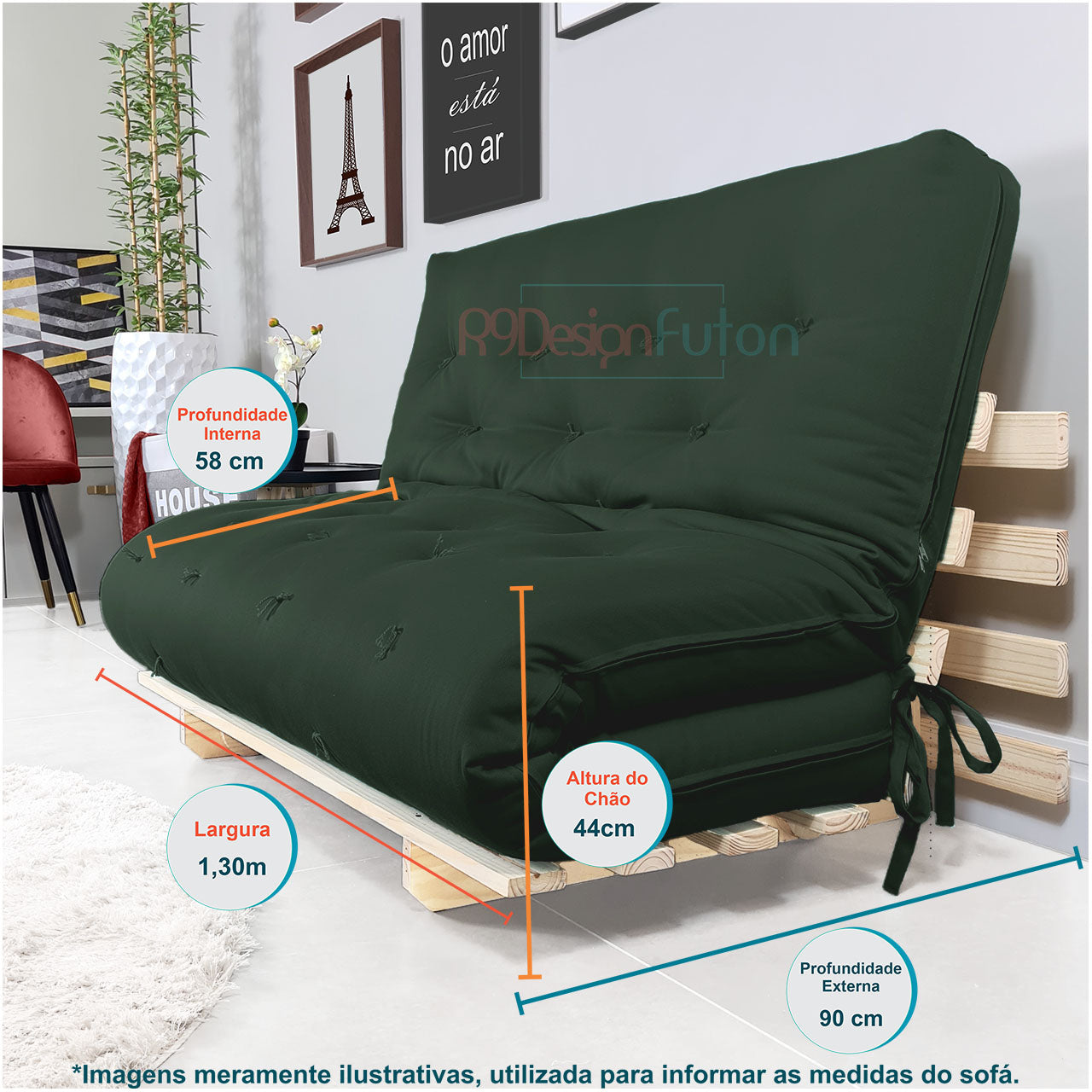 Sofa Cama Casal Futon Oriental D33 Com Madeira Maciça - Verde Militar