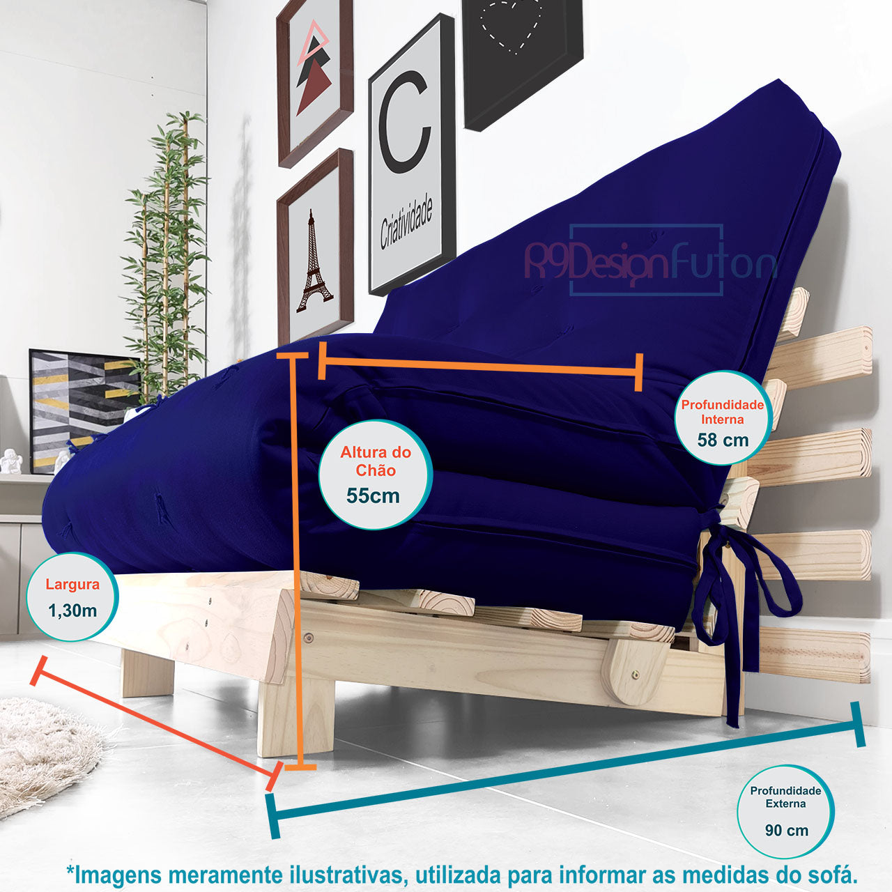 Sofa Cama Futon Casal Tokio Madeira Maciça Acquablock Azul Royal