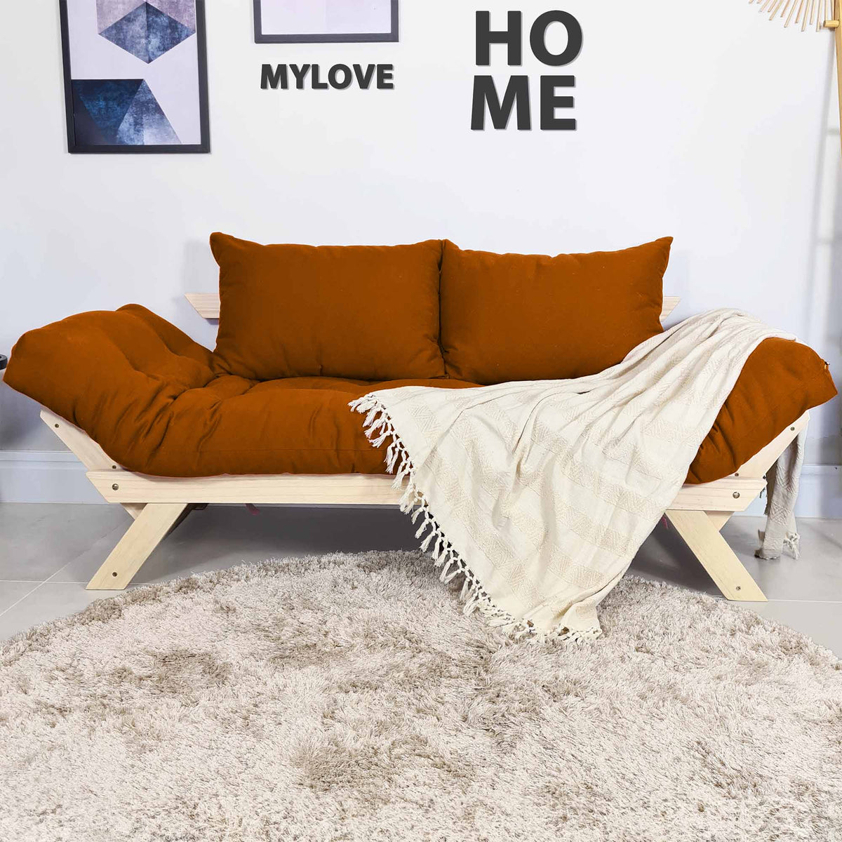 Sofá Cama Reclinável Futon Japão - Madeira Sem Pintura Tecido Sarja Cor Caramelo