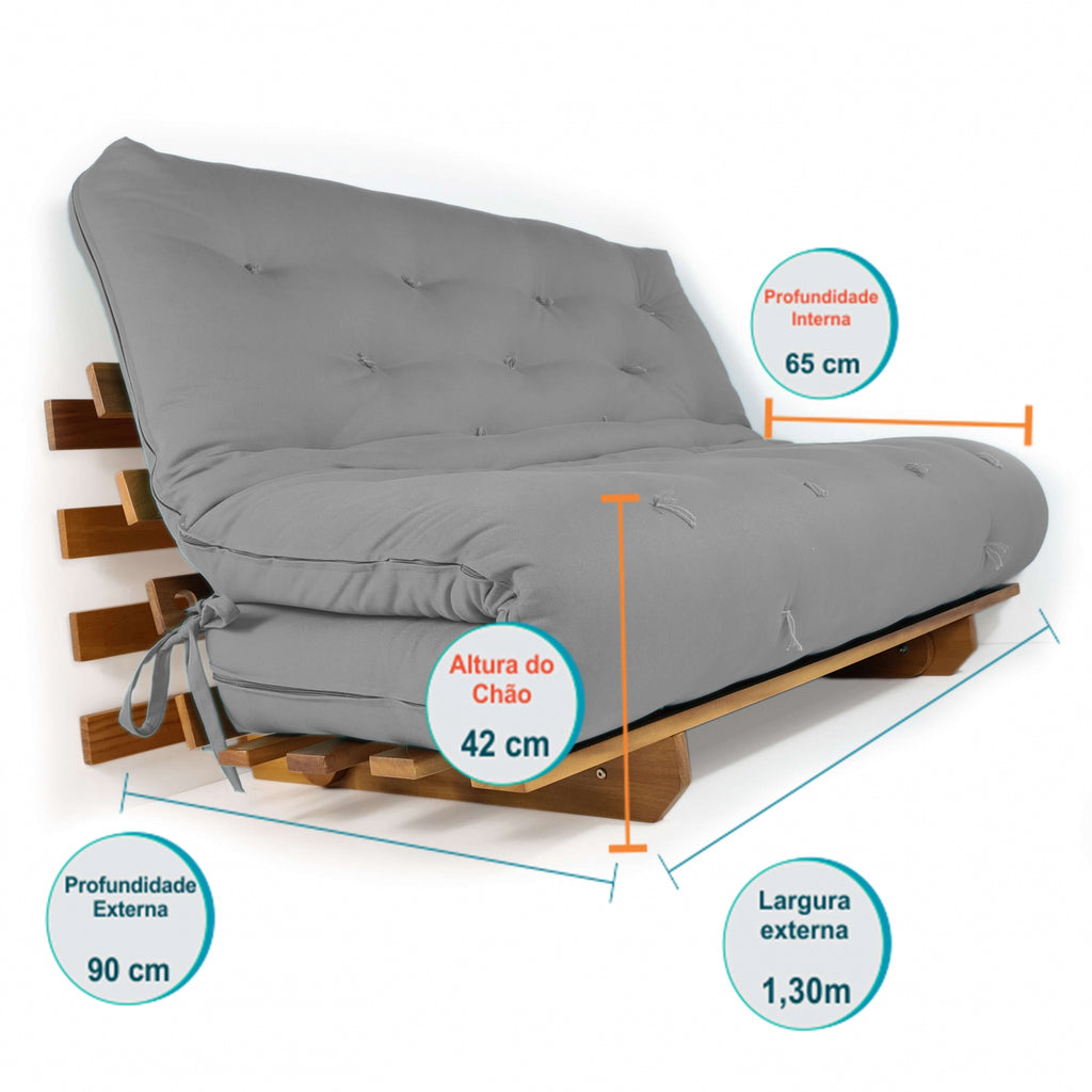 Sofá Cama Casal Futon Oriental Madeira Nobre Natural Cinza
