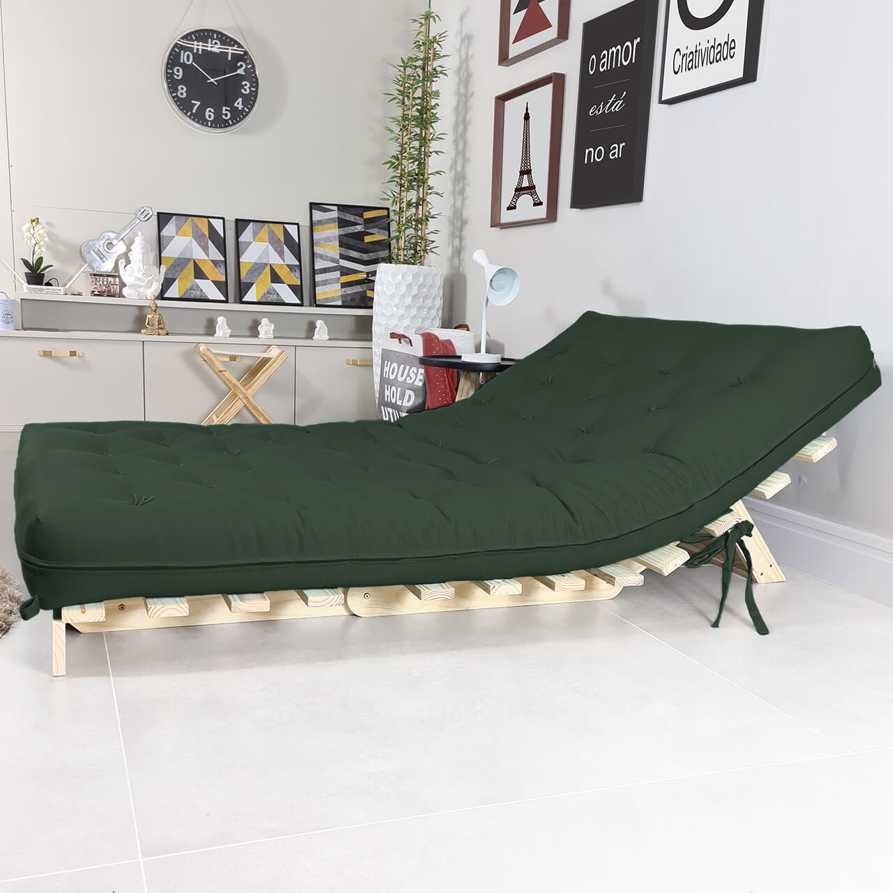 Sofa Cama Casal Futon Oriental Madeira Maciça Sarja Verde Militar