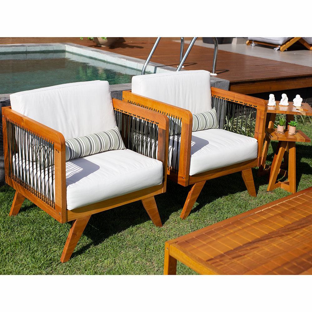 Sofá de Madeira 2 Lugares Corda Naval + 2 Poltronas Caribe + Mesa Cooler e Lareira