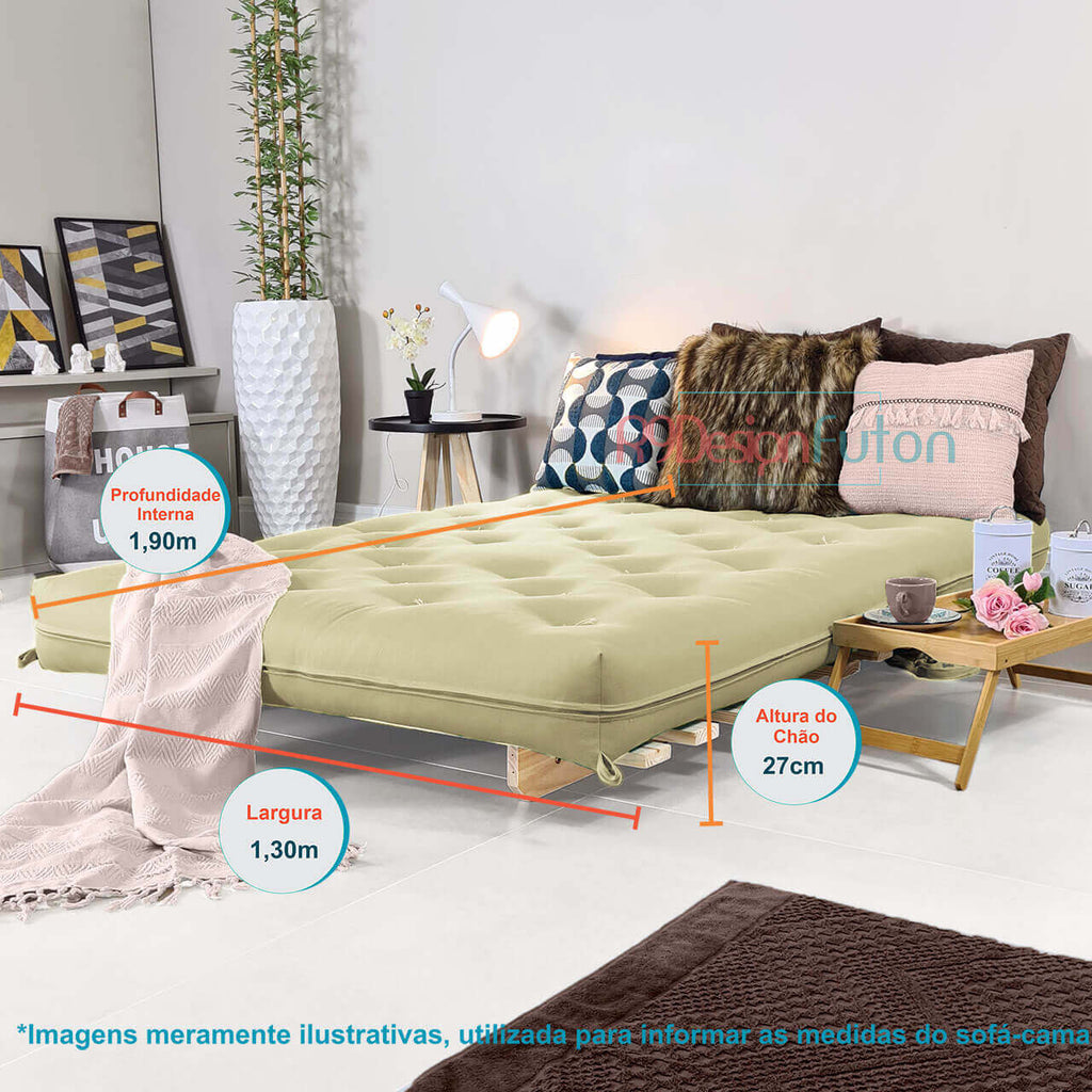Sofa Cama Casal Futon Oriental  Madeira Maciça Sarja Bege