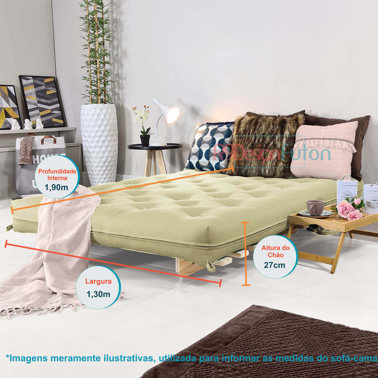 Sofa Cama Casal Futon Oriental  Madeira Maciça Sarja Bege