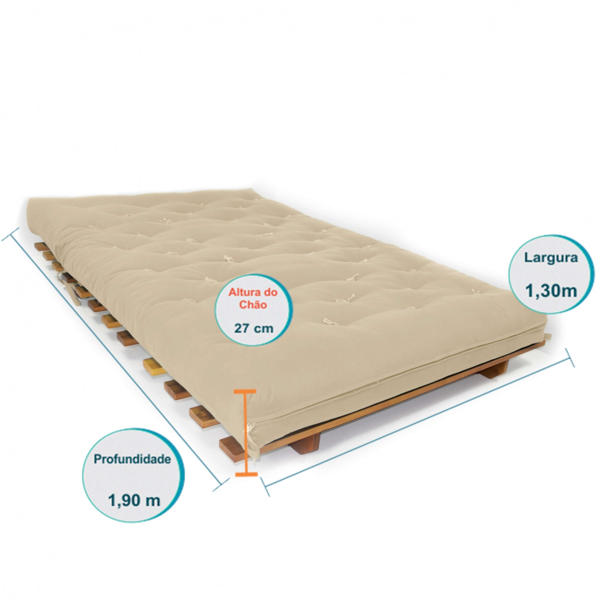 Sofá Cama Casal Futon Oriental Madeira Nobre Natural Bege