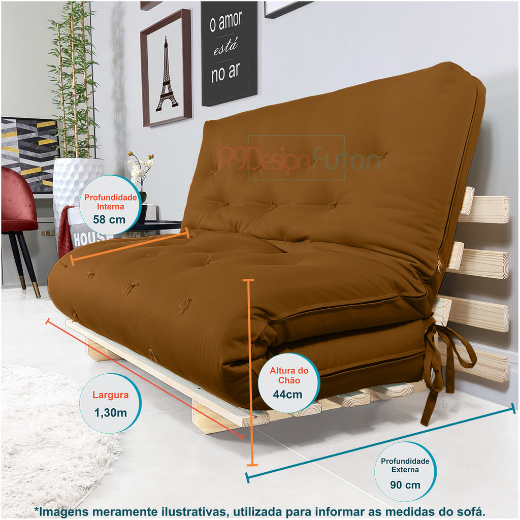 Sofa Cama Casal Futon Oriental D33 Com Madeira Maciça - Caramelo